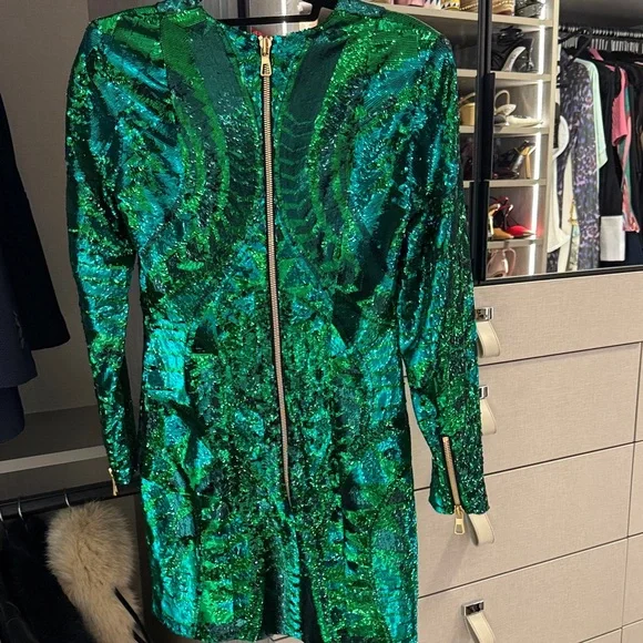 green emerald velvet dress 1970s Unlabeled Green Sequin Dress w Dramatic Feather Trimmed Open Ext   Shrimpton Couture